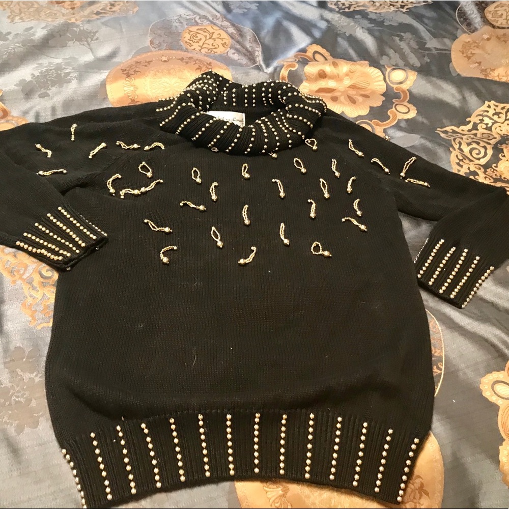 Ladies Black Festive cowl neck sweater w/beads